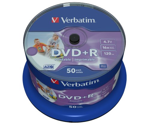 Verbatim DVD+R Wide Inkjet Printable 4.7GB, 50er Pack Spindel, DVD Rohlinge bedruckbar, 16-fache Brenngeschwindigkeit & Hardcoat Scratch Guard, DVD-R printable, DVD leer, Rohlinge DVD