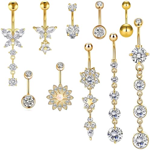 BDSHUNBF 10stk Bauchnabelpiercing Schwangerschaft,Piercing Bauchnabel Bauchnabelpiercing Schmetterling Herz Blume Anhänger Piercing Bauchnabel Schmuck Damen,Belly Piercing Bauchnabelpiercing Set,Gold