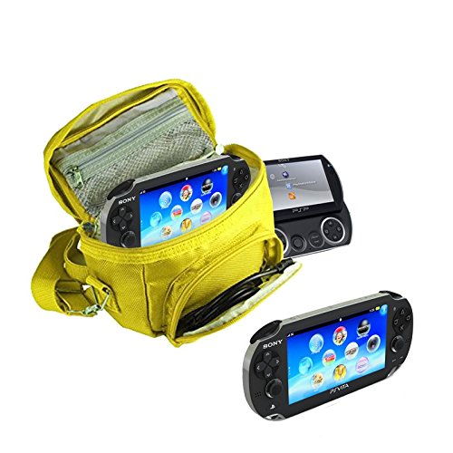 Orzly® - SPIELE & KONSOLEN (REISE-) TASCHE für die Sony PSP Konsolen (GO / VITA /1000/2000/3000) mit speziellen Fächern für die Aufbewahrung von Spielen und Zubehör. Tasche enthält Schultergurt, Tragegriff und eine Gürtelschlaufe - GELB