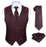 HISDERN Herren Paisley Weste Floral Jacquard Krawatte Einstecktuch Einstecktuch Hochzeitsfeier Business Fit Weste Anzug Set,L,Schwarz & Rot-N