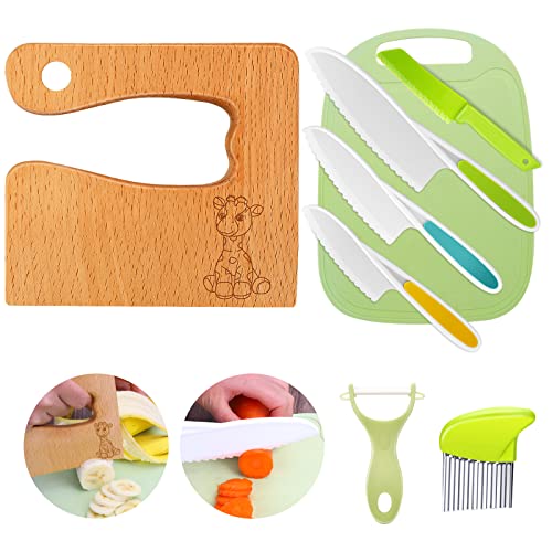 Goodchef Kindermesser 8-teiliges Kinder-Küchenmesser-Set zum Schneiden und Kochen von Obst oder Gemüse für Kleinkinder, Sicherheit Holzmesser Schneidebrett Schäler Messer ab 2 jahre (Giraffe)