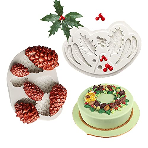 Cestony Weihnachts-Stechpalmenblatt und Tannenzapfen, Silikonformen für DIY-Kuchen, Fondant, Kekse, Zucker, Pudding, Schokolade, harte Süßigkeiten, Dessert-Dekoration