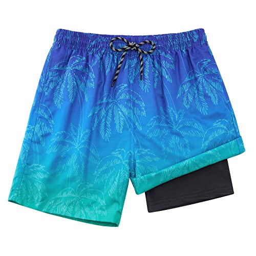 Dancinova Badehose Jungen Badeshort Kinder Kompression Liner Badeshorts Schnelltrocknend Schwimmhose mit Boxershorts Liner Kokosnussbaum, 10-12 Jahre