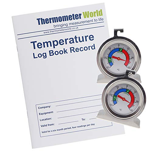 Temperaturprotokollbuch mit 2 x Edelstahl-Kühlschrank-Thermometer-Messgeräten mit empfohlenen sicheren gekühlten Lebensmittel-Zonen.