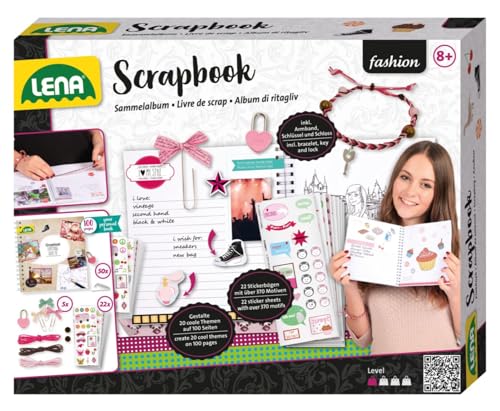 Lena 42331 - Bastelset Scrapbook groß, Komplettset mit Sammelalbum, Schloss, 22 Stickerbögen mit 370 Motiven, Fotoecken, Klammerschleifen und Zubehör für Armbänder, Kreativset für Kinder ab 8 Jahre