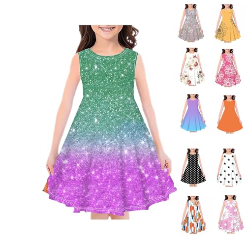 KODMNSW Kleid Mädchen Sommerkleid Festliche Kleider Mode Drucke Strandkleid Partykleid A Linie Kinderkleider Freizeitkleid Kleidung für Kinder Teenager 4-14 Jahre Grün 7-8 Jahre
