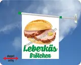 Werbeflagge (Fahne mit über 50 Varianten, Text und Bild, z.B. Eis, Döner, Kaffee, Crepes, Waffeln, Pommes uvm.) Ideal für Kiosk, Restaurant oder Kirmes, weiß (Leberkäs)