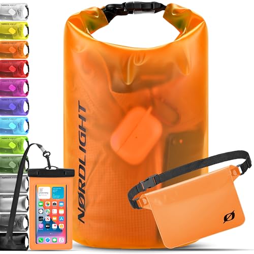 Nordlight wasserdichte Tasche 3er Set (Orange) - Dry Bag 10l + wasserdichte Handyhülle + wasserdichte Hüfttasche | IPX8 Schutz | Mit Verstellbaren Gurten Für Strand, Stand Up Paddling