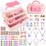Schmuck Kinder Spielzeug, Haarschmuck Geschenk Mädchen 3 4 5 6 7 8 9 10 Jahre, 218 Stück Schmuckset mit Halsketten, Ringe und Haarspangen, Weihnachts Geburtstag Geschenke Kinder