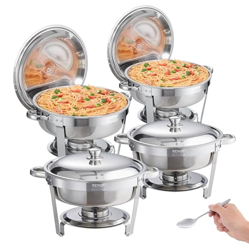 VEVOR Edelstahl Chafing Dish Set Rund 5,38 L 4 Stk. Speisenwärmer Wärmebehälter Suppenwärmer, Speisen Warmhaltebehälter Suppentopf Chafing Dishes Set mit Brennstoffbehälter für Catering Buffet