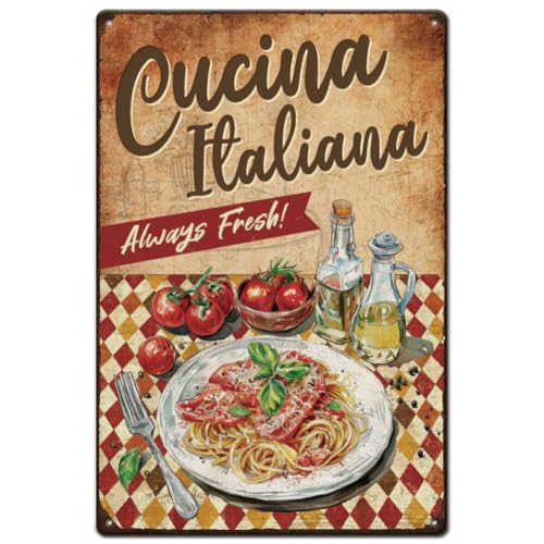 SUPERDANT Metallschild Cucina Italiana Lustige Spaghetti Blechschild Always Fresh Vintage Deko Blechschilder Retro Schilder Für Zuhause Küche Restaurants Cafés Bars Kneipen Männerhöhle Wanddekor