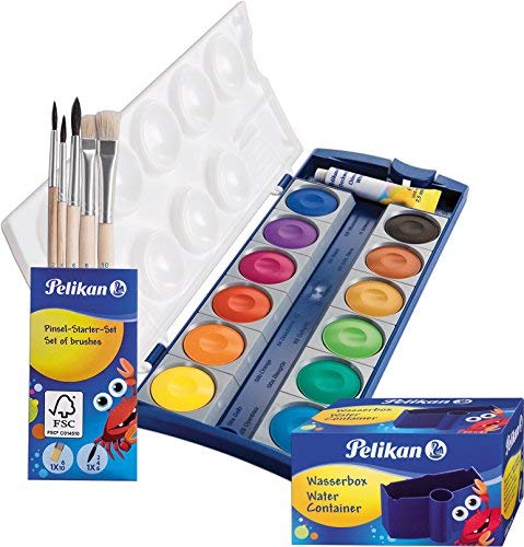 Pelikan DIN 5023 Deckfarbkasten K12, 12 Farben + 1 Tube Deckweiß, Schul-Standard (mit Becher + Pinsel), Blau, 8-teliges Set