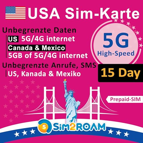 USA KANADA MEXIKO Prepaid SIM Karte 15 Tage(T-Mobile Netzwerk verwenden)|Unbegrenzte 5G/4G-Internetdaten in den USA (Hawaii inbegriffen)+Anrufe in Kanada und Mexiko|5 GB Daten in CA und MX|Nachfüllbar