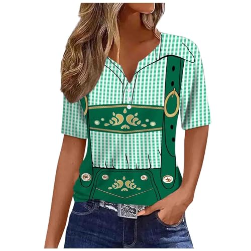 Oktoberfest Damen Outfit Kurzarm T-Shirt Oberteile Lederhose Druck Trachtenblusen Tshirt Tops V-Ausschnitt mit Knopfverschluss Tracht Hemd Bluse Damen Party Halloween Kostüme