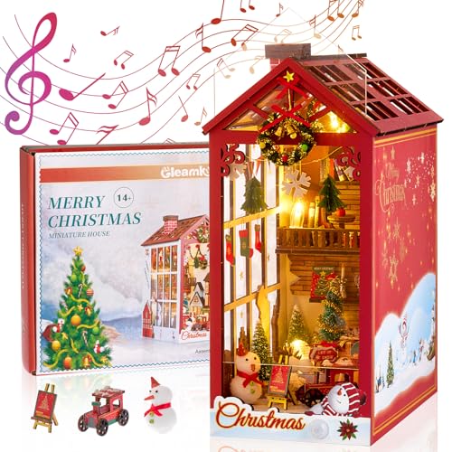 Gleamkid Book Nook DIY Kit-Weihnachten DIY Miniatur Puppenhaus Booknook,3D Puzzle Modell DIY Buch Stand Modell,Dekoration,mit Tools/LED Lichtern/Spieluhr,Geburtstag für Kinder ab 14 Jahren