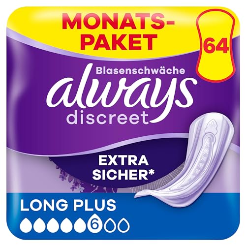 Always Discreet Inkontinenzeinlagen Long Plus, 64 Binden (8 x 8 Stück) Monatspaket, diskreter Schutz & hohe Saugstärke, geruchsneutralisierend
