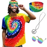 XonyiCos Hippie-Kostüm für Herren und Damen, 60er und 70er Jahre, buntes T-Shirt, Sonnenbrille, Stirnband, Friedenskette, 4-teiliges Set für Motto-Party, L