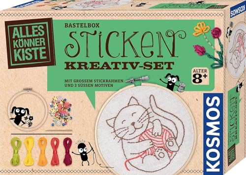 KOSMOS 604691 AllesKönnerKiste Sticken Kreativ-Set, Sticken für Kinder ab 8 Jahren und Anfänger, schöne Stickbilder für Kinder, Geschenk für Mädchen und Jungen, kreatives Bastelset