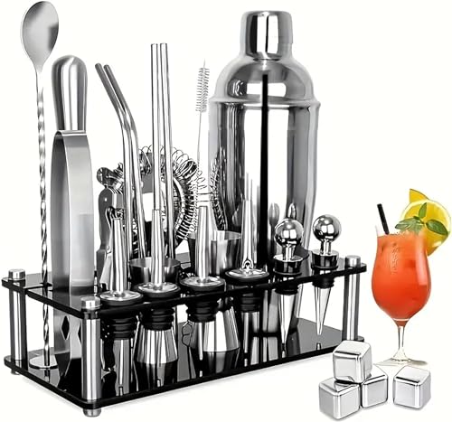 Cocktail Shaker Set, bestyks Boston Cocktail Shaker mit Acryl Ständer, 25pcs Bar Equipment Barkeeper Set Cocktail Mixer Zubehör, 750 ML Premium Barkeeper Set für Zuhause, Bar