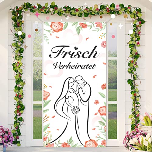 DPKOW Frisch Verheiratet Tür Banner für Hochzeit Dekoration, Blumen Blätter Brautpaar Banner für Hochzeit Tür Wand Deko, Hochzeit Hintergrund Garten Dekoration, Just Married Banner 185 x 90cm