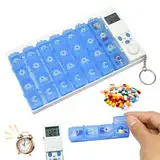 Sporgo Tablettenbox 7 Tage mit Alarm: Pillendose 7 Tage 4 Fächer, Medikamentenbox 7 Tage mit Timer und Wecker Erinnerung, Tragbarer Tablettenspender 7 Tage Tabletten Organizer für Medikamente (Blau)