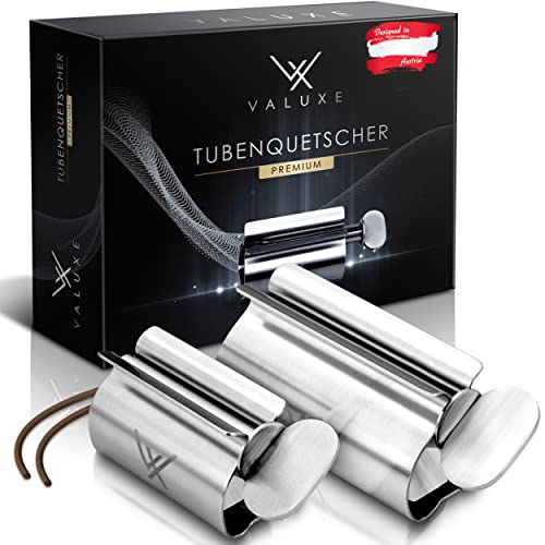 VALUXE® Premium Tubenquetscher [2 Größen] – Zahnpasta Ausdrücker aus Edelstahl – Effektive Tubenpresse – inkl. Aufhängeschlaufe – Restloses Ausdrücken garantiert