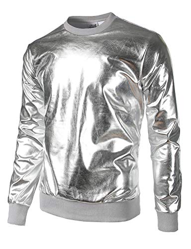 JOGAL Herren Metallic Gold Disco Shirts Nachtklub Style Hoodies Medium Silber