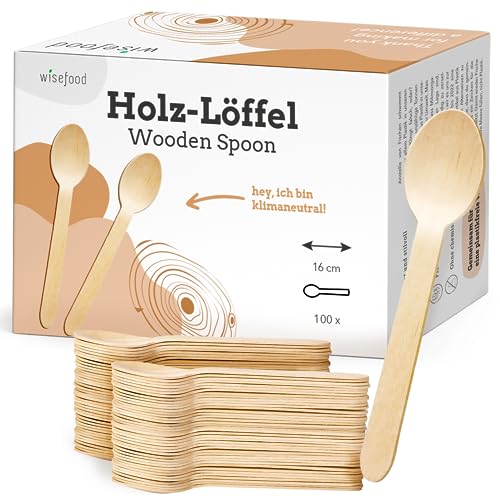 wisefood Einweglöffel aus Birkenholz, Einweg Holzlöffel 16cm flach, Biologisch abbaubares Einwegbesteck, Holzbesteck, Einweg Löffel, Holz Löffel (100 Stück)