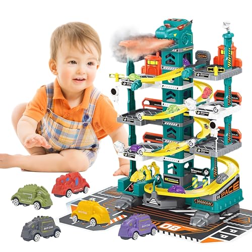 Sternstunde 7 Stockwerke Parkgarage für Kinder, Weltraum Dinosaurier Parkplatz Set, mit Parkhaus, Rampen, Aufzug, Inklusive 5 Autos, für 3-8 Jahre Jungen Geschenke Spielzeug