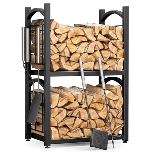 HFHOME Kaminholzregal Innen Brennholzregal Außen 2-in-1, Kaminholzständer für Kaminholz Aufbewahrung, Feuerholzregal 78 x 46 x 32 cm mit Kaminofen Zubehör Schaufel Besen Zange Schürhaken