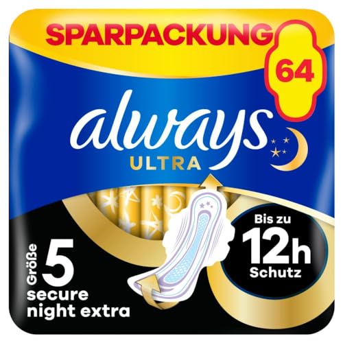 Always Ultra Binden Damen Gr. 5, Secure Night Extra, 64 Damenbinden mit Flügeln (4 x 16 Stück) Multipack, dünn und super saugfähig, geruchsneutralisierend und Auslaufschutz