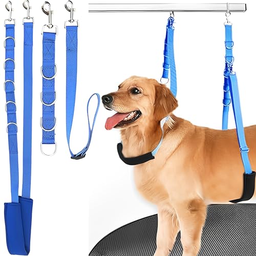 SQAQS 3PCS Haustier-Hundegeschirr, Starke Ausdauer, Hals und Haunch Halter, Fellpflege, verstellbares Tischseil mit D-Ringen, Gurt, Waschen Hundepflege Tub Zurückhaltung， Hund Bade Seil fü(Blau)