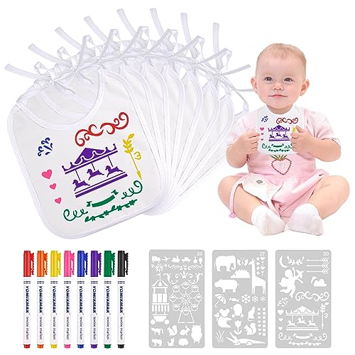 Ailvor Lätzchen zum Bemalen, 8 Stück Lätzchen Bemalen Babyparty, Lätzchen Weiß Doppelseitiges mit 8 Textilstifte und 3 Malen Schablonen, Baby Shower Spiele für Babyparty, Geschenk Junge Mädchen