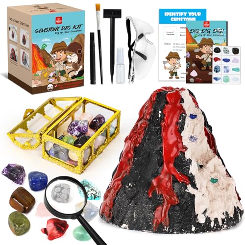 Lehoo Castle Ausgrabungsset für Kinder, Edelsteine Ausgraben Set mit 12 Geologie Steine, Mineralien Ausgrabungsset für Jungen Mädchen (Rot)