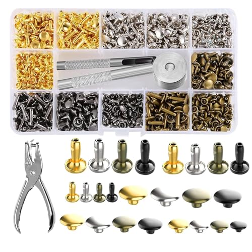 GIGIIS Leder Nieten 480 Set Doppelkappe Nieten 3 Größen Ledernieten Metallnieten Set Metall Doppelkappe Nieten Set mit 3 Stück Fixierung Werkzeug + Lochzange für DIY Leder Handwerk Tasche Gürtel