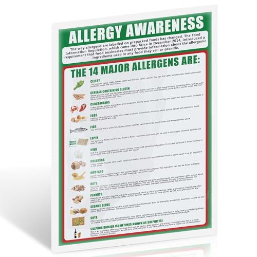 Hinweisschild für Lebensmittelallergie, 14 regulierte Allergene, 400 g, laminiertes Poster für öl- und wasserfest, Informationsposter für Lebensmittelunternehmen im Vereinigten Königreich (A4, 297 x