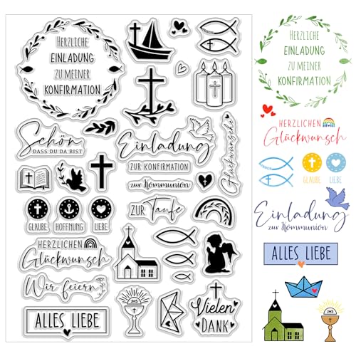 BETESSIN Silikon Stempel Taufe Silikonstempel Kommunion Klare Stempel Set Konfirmation Stempelmotive Clear Stamps Sprüche Deutsch zum Kartenbasteln DIY Scrapbooking Fotoalbum Geschenkanhänger