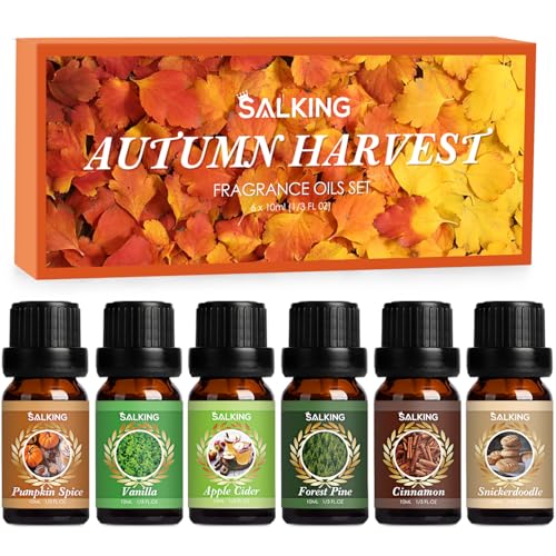 SALKING Herbst Ätherische Öle Set, 6x10mL 100% Bio Aromatherapie Duftöl GeschenkSet für Diffuser, Luftbefeuchter, Massage, Kürbisgewürz, Vanille, Waldkiefer, Apfelwein, Zimt, Zimtkekse