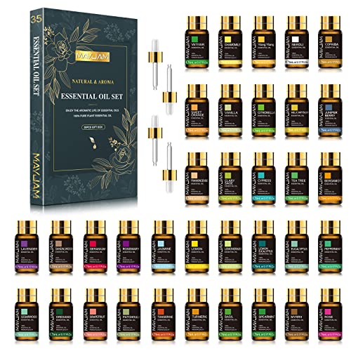 MAYJAM Ätherische Öle Set 35 x 5ml, Ätherische Öle für Diffuser Aromatherapie Duftöl Geschenkset, Naturrein Reine Ätherisches Öl Lavendel, Eukalyptus, Vanille, Rose, Teebaum