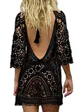 TMEOG Strandkleider Damen Kurze Kleid Badeanzug Bikini Spitze Crochet Cover Up (Medium, RüCkenfrei Schwarz)