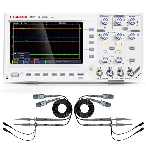 Hanmatek Digitales Oszilloskop, DOS1104 Tragbares professionelles Oszilloskop-Kit mit 4 Kanälen und Bildschirm 7 Zoll / 18 cm, TFT-LCD-Display, 110 MHz, 100-240 V