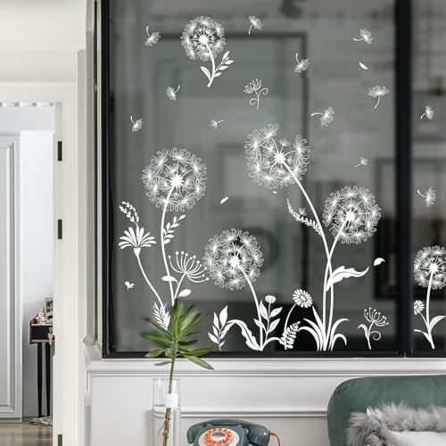Tanlaby Weiße Löwenzahn Fensteraufkleber Blumen Pflanzen Schmetterling Fensterbilder Blume Gras Pusteblumen Fensterdeko Doppelseitige Statische Anti-Kollision Fensterfolie für Glas Tür Dekoration