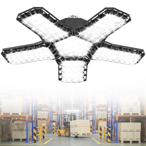 YRHome LED Werkstattlampe Faltbare Werkstatt Deckenleuchte Kaltweiß 6500K Garagenlampe Verformbare Deckenlampe Garagenleuchten E26/E27 für Lager Werkstatt - mit 4 Verstellbaren Paneelen - 60W - 1 PCS