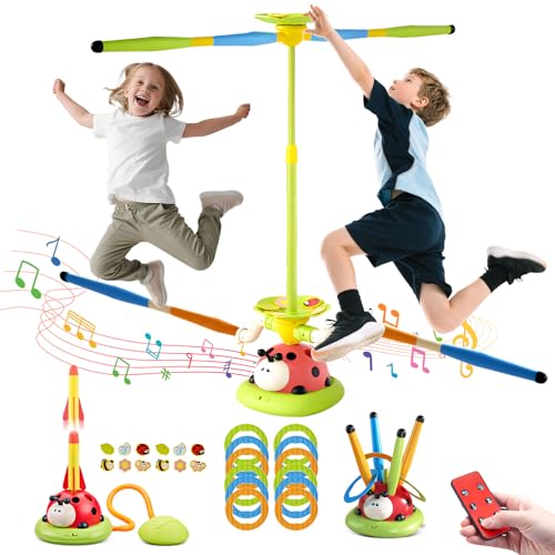 RoserRose 5-in-1 Outdoor Spiele für Kinder, Rakete Spielzeug, Springseil, Ringwurfspiel, Ausweich Sprungspiel, Gartenspielzeug mit Musik, Fernsteuerung, Outdoor Spielzeug für Kinder ab 3 Jahren