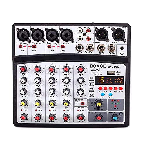 BOMGE 6-Kanal-DJ-Audio-Mixer mit MP3-USB-Bluetooth, 48 V Phantomspeisung, 16 DSP-Echo-Effekt-Mixer für Live, Musik, Karaoke, Podcast, Schwarz