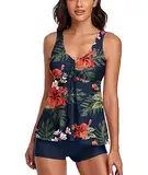 wihnsinop Tankini Damen Bauchweg Push Up Oberteil mit Badeshorts Bademode Set Badeanzug Zweiteiler Sommer Drucken Badeanzüge für Damen Strand Ferien Freizeit Navy L