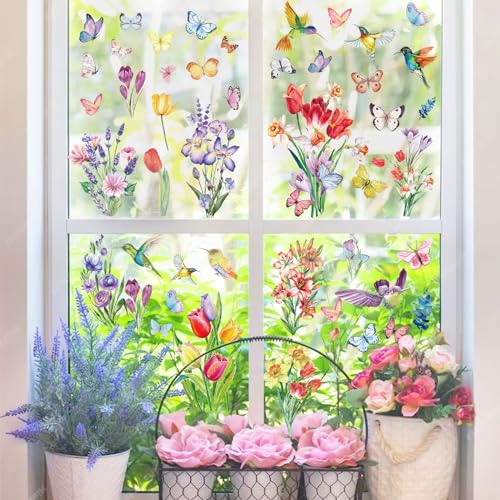 AnyDesign Fensteraufkleber, Motiv: Frühling und Sommer, Aquarell-Blume, Schmetterling, doppelseitig, Blumenvögel, Fensterdekoration für Glasladen, Zuhause, Schule, Büro, Zubehör, 9 Blatt