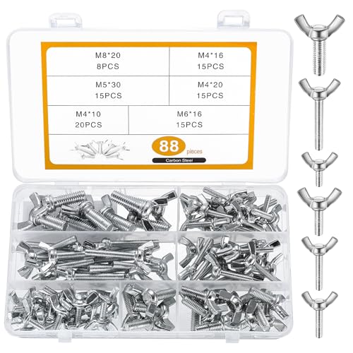 88 Stück Flügelschrauben DIN 316, M4 M5 M6 M8 Flügelschrauben Kohlenstoffstahl Flügel Schraube, Schmetterlingsschrauben, Handflügelschrauben, Flügelbolzen, Flügelgewinde für Flügelmuttern(88 Silber)
