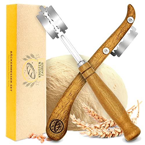 KRUSTENZAUBER Bäckermesser 2er Set [inkl. 20 Rasierklingen] - Teigmesser Set für gerade und geschwungene Schnitte - Ideale Brotklinge, Bäckerklinge, Teigritzmesser Lame, Brot Backen Zubehör