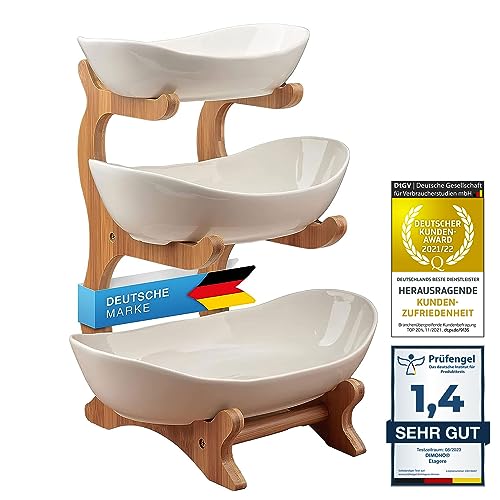 Dimono® Etagere Deluxe Servier-Ständer; 3-Etagen Keramik-Servierschalen; Obst- & Gemüseschale aus Keramik & Bambus Ständer; Servierschalen für Desserts, Gemüse, Süßes uvm.